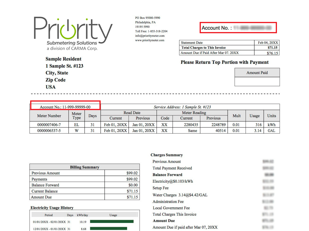 Image of a bill with the account number located in the upper left area