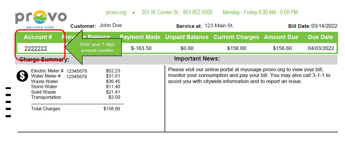 Image of a bill with the account number located in the upper left area